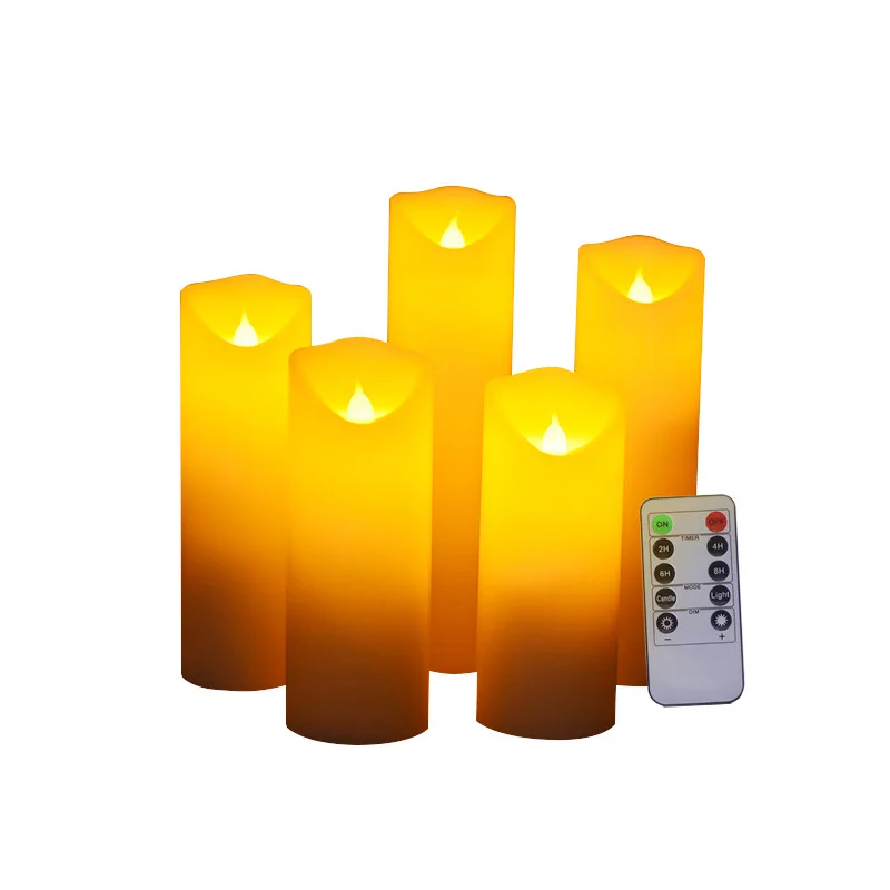 Набор из 5 мерцающий желтый дистанционного Управление светодиодный беспламенного свечи восковые, таймер, Батарея парафиновые свечи столба для ужин украшение стола - Цвет: 5 pieces one remote