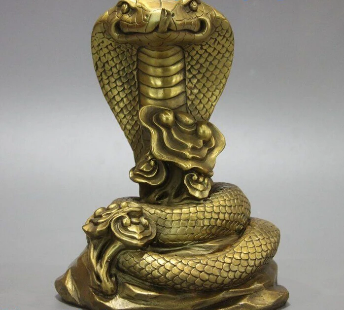 

9" Fine Brass sculpture China carved copper as one wishes cobra Snake Statue