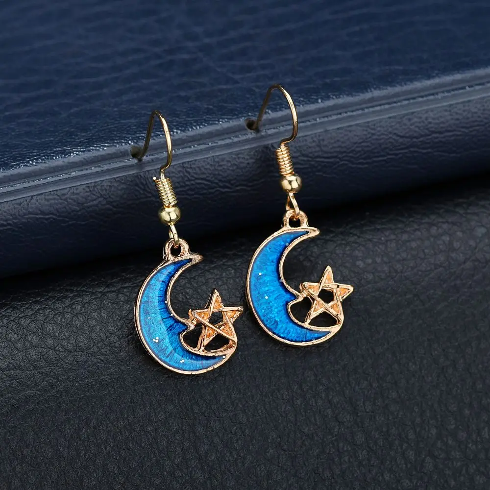 Terreau Kathy 2018 New Korean Style Jewelry Blue Star Moon Long Drop Earrings For Women Asymmetric Round Planet Earrings Fashion
