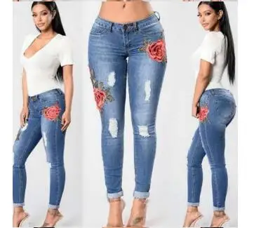 Wholesale new fashion jeans hole embroidery small feet elastic jeans lady