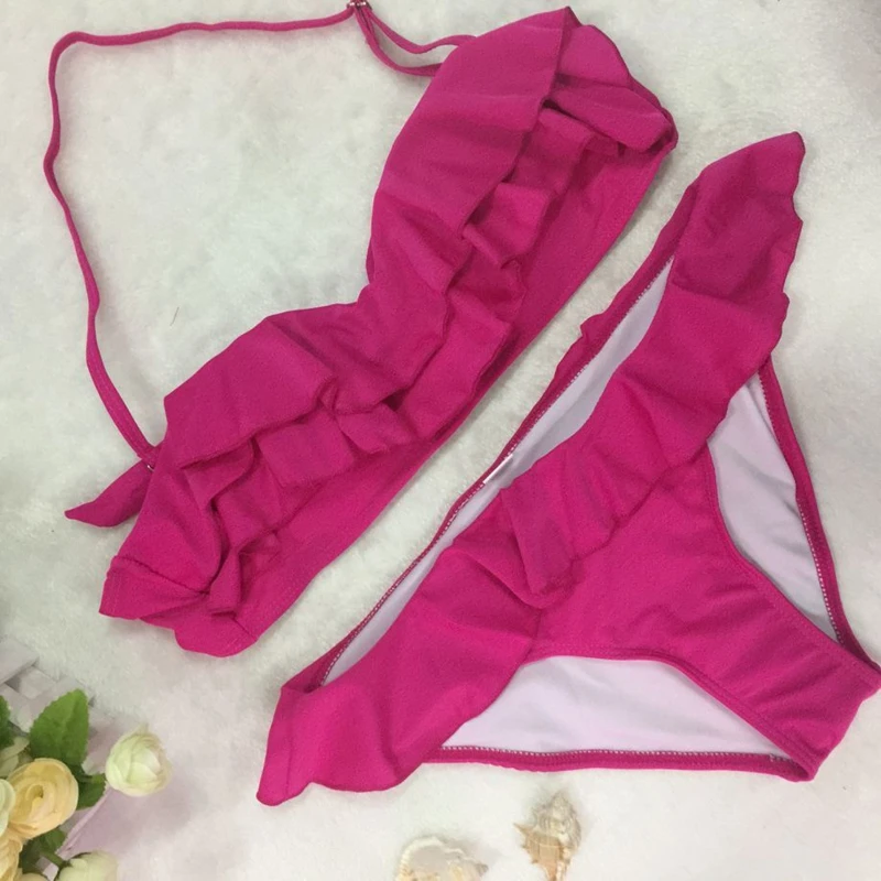 2017 Women Push Up Bikini Set Sexy Pleated Ruffle Biquini Brasileiro Bandeau Halter Swimsuits Female Flounced Low Waist Swimwear 2017 Women Push Up Bikini Set Sexy Pleated Ruffle Biquini Brasileiro Bandeau Halter Swimsuits Female Flounced Low Waist Swimwear