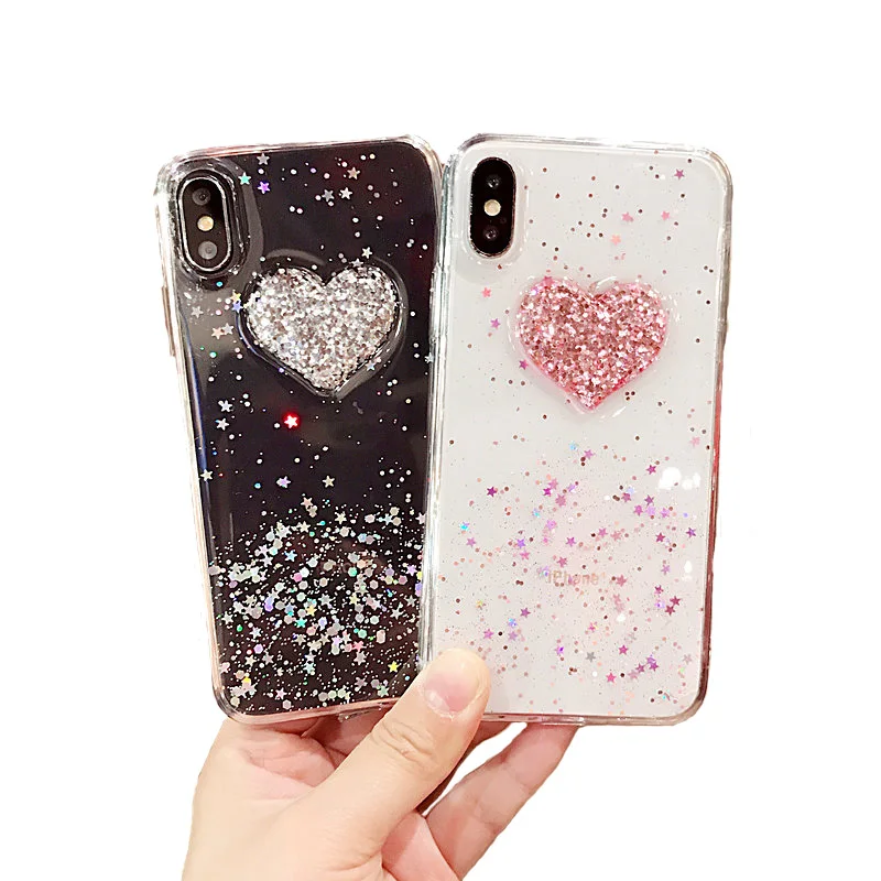 

For huawei Y6 Y7 Y9 2018 Honor 8 9 10 lite 7X 8X 7C 7A case coque Glitter blingbling love Transparent soft phone cover fundas