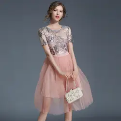 2018 весеннее женское тонкое приталенное розовое Сетчатое платье бальное платье с круглым вырезом и вышивкой для девочек принцесса изящное