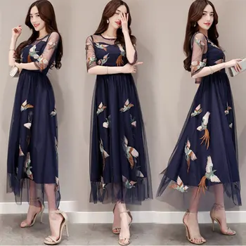

women long dress high end vintage Phoenix Animal embroidery dress mesh boho people runway dress women Party dress femme vestidos