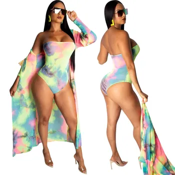 

Women Rainbow Beach 2 Piece Set Slash Neck Club Strapless Bodysuit And Long Sleeve Cardigan Summer Bodycon Two Piece Outfits