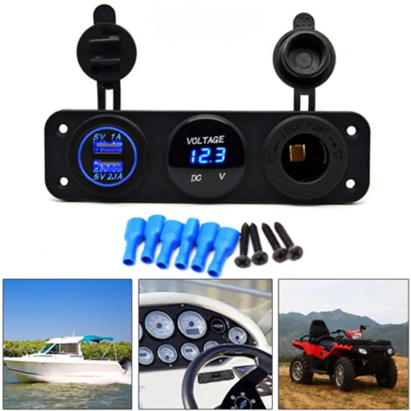 1set Car Boat 3 Hole Panel Dual USB Charger+Blue LED Voltmeter+12V Socket Waterproof