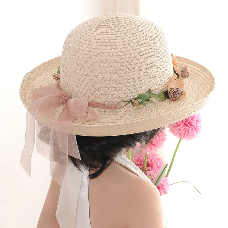 [DINGDNSHOW] 2019 الأزياء قبعة الشمس طفل زهرة قبعة صيفية لفتاة Bowknot شاطئ كاب الأطفال القش قبعة واسعة قبعة لها حواف