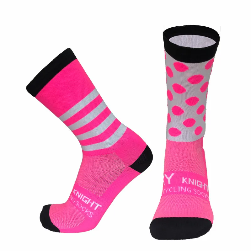 Цветные полосатые носки для езды на велосипеде в горошек с левой и правой стопой, мужские и женские Спортивные Компрессионные носки для бега на велосипеде - Цвет: Pink