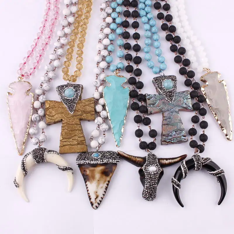

Semi-precious Stones Beaded Long Chain Pendant Necklaces