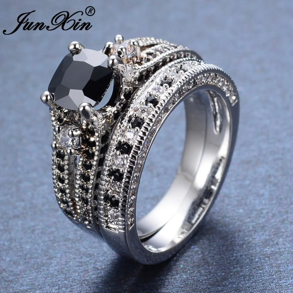 Великолепное женское кольцо с черным камнем, набор с кристаллами, циркон, 925 серебро, обручальные кольца для женщин, модное обручальное кольцо для невесты