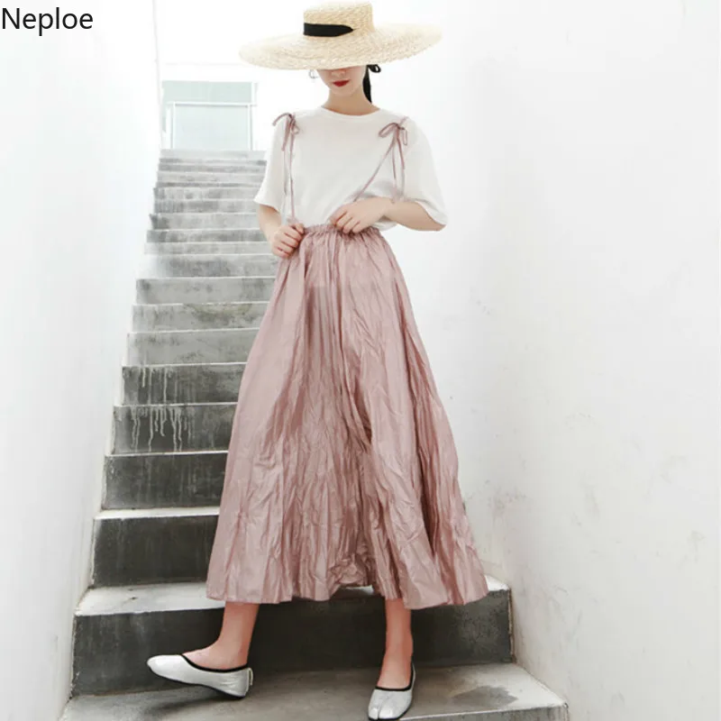 

Neploe Summer 2019 2 Piece Set Women Solid O-Neck Short Sleeve T Shirts+ Pleated Big Swing Mid-Calf Length Strap Skirt 43504