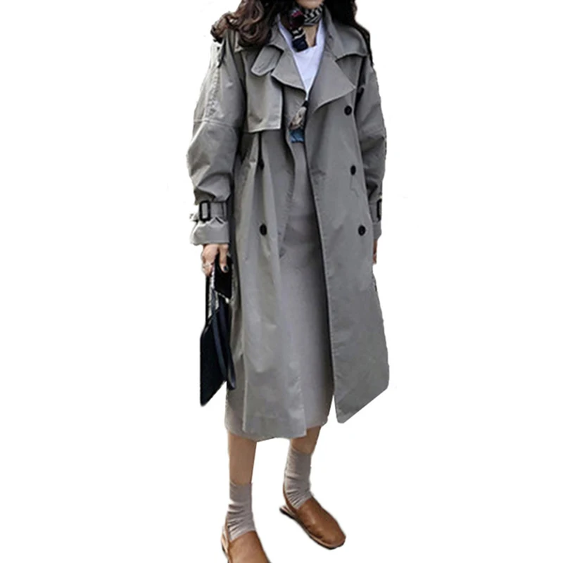 

2019 Spring Autumn New Fashion Double Breasted Mid-long Trench Coat Loose Belt large size Windbreak Outerwear ladies Overcoat