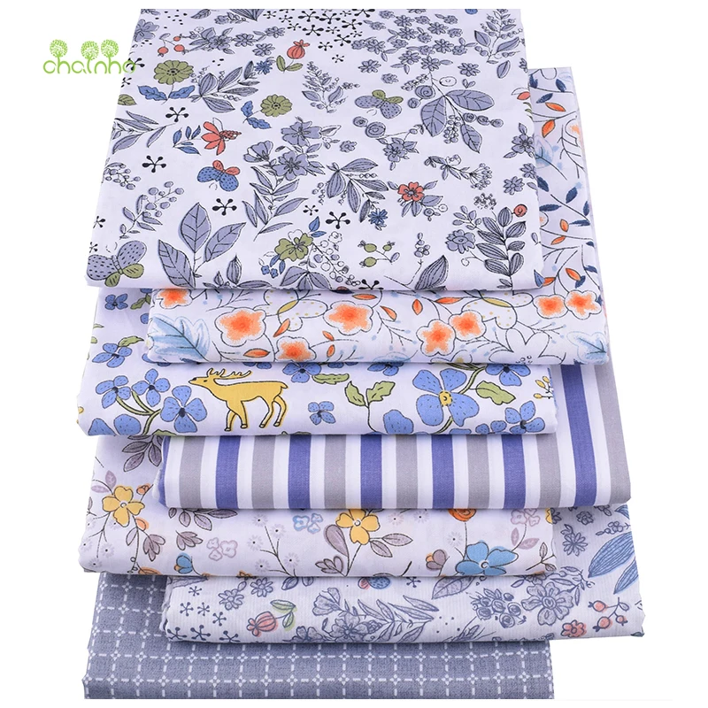 Chainho,7pcs/lot,New Gray Floral Series,Printed Twill Cotton Fabric