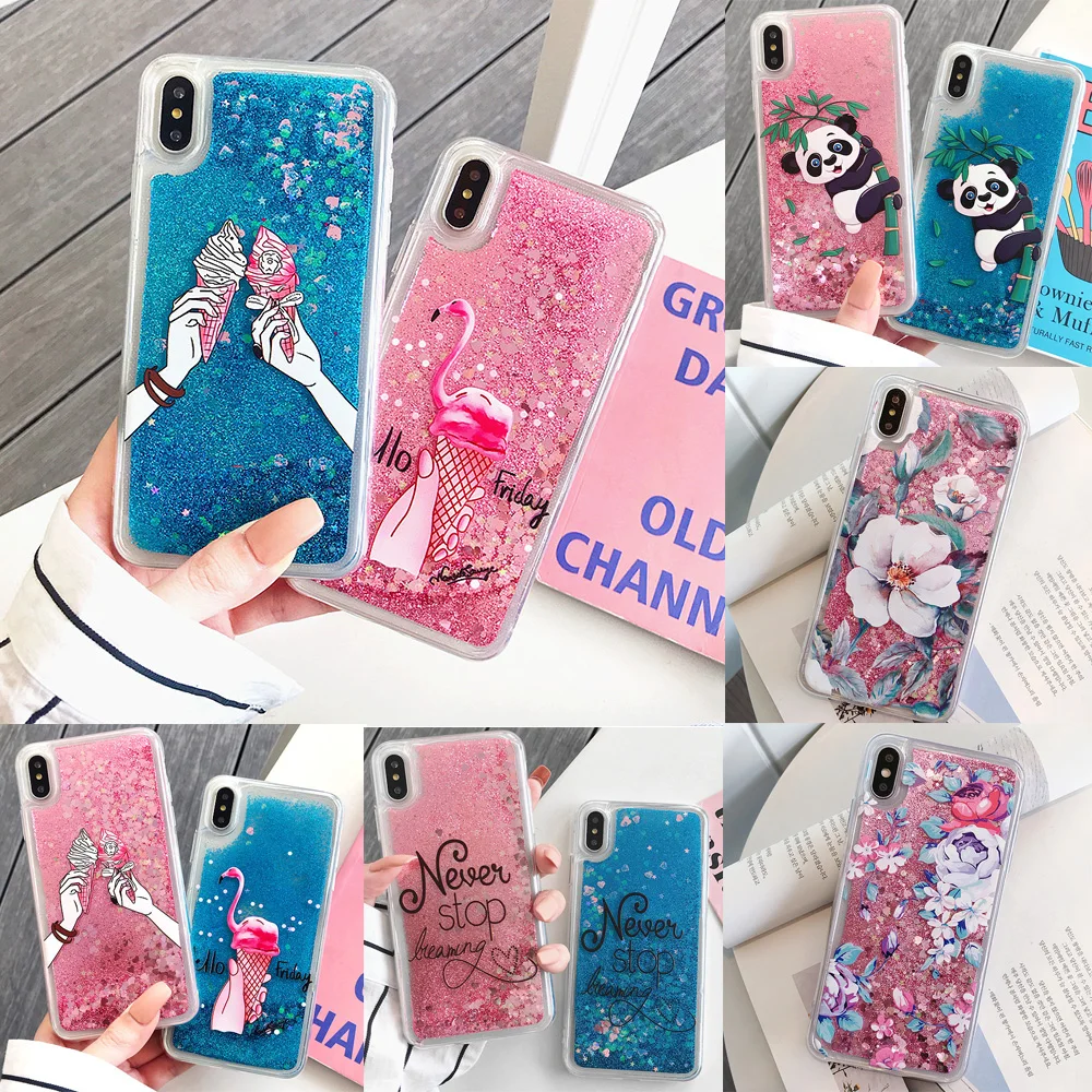 

Floral Flamingo Ice Cream Panda Quicksand Water Liquid Case for iPhone 7 8 6 6S Plus X XS Max XR Fashion Soft Cover Phone Cases
