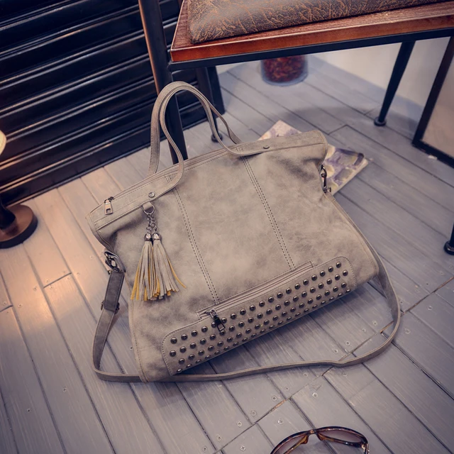 Fashion Rivet Women Handbags High Quality Nubuck Leather Ladies Hand Bags Large Shoulder Bag Luxury Handbags Women Bags Designer Gray