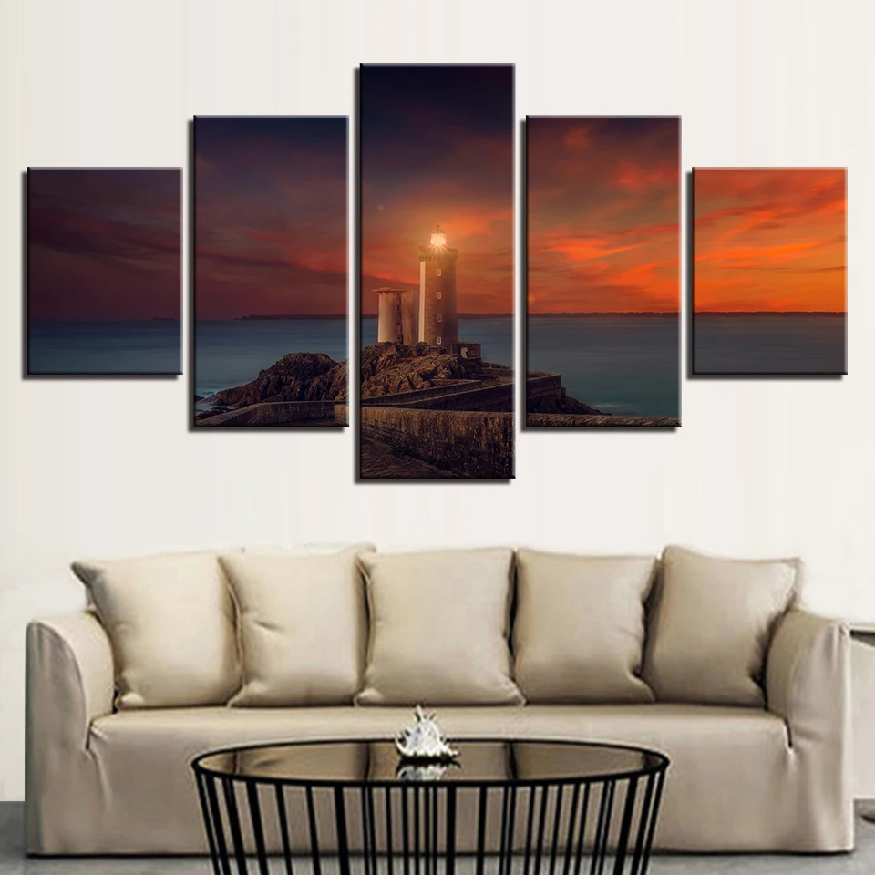 

Bedroom Wall Decoration Art Picture Printed Frame 5 Pieces Lighthouse Sunset Beautiful Seascape Canvas Paintings Modular Posters