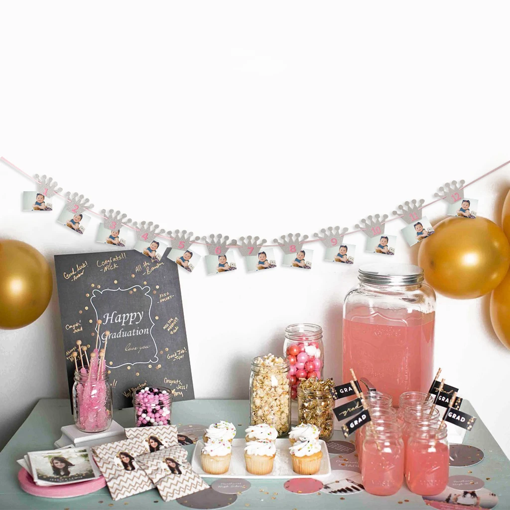 

Glitter Crown 12 Months Paper Photo Picture Frame Bunting Banner Garland Wooden Clips for Shower Gender Reveal