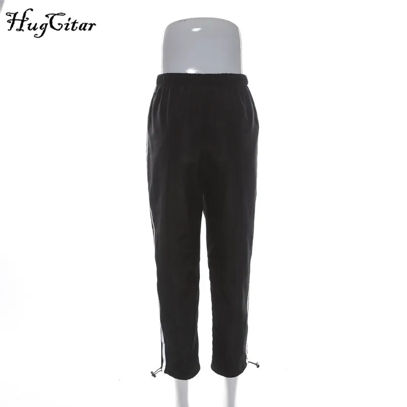Hugcitar high waist reflective strip patchwork cargo pants 2019 autumn women club streetwear trousers Hugcitar high waist reflective strip patchwork cargo pants 2019 autumn women club streetwear trousers