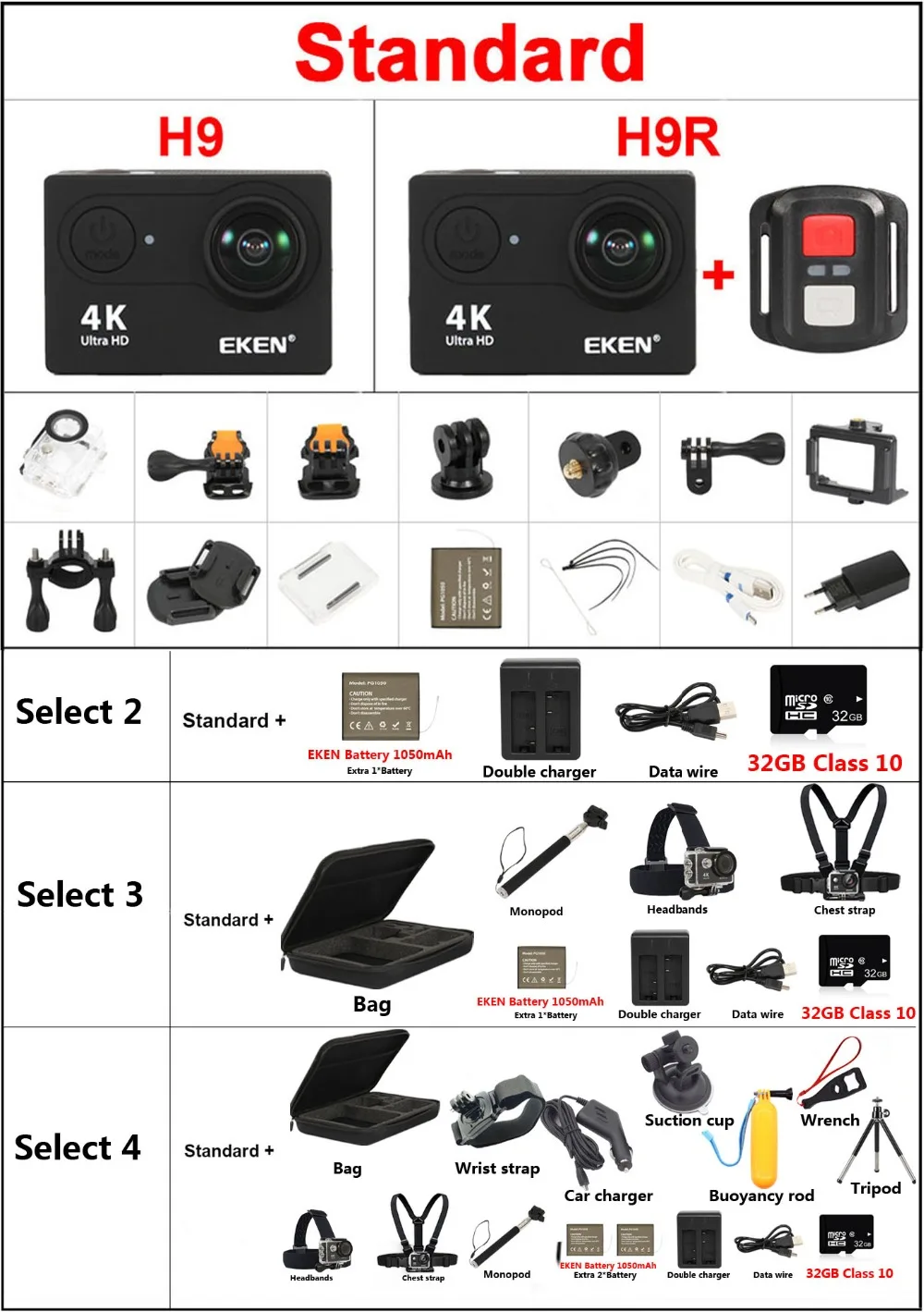 EKEN H9R/H9 Экшн-камера для подводной съемки, водонепроницаемая, Ultra HD, 4 K/25fps, Wi-Fi, 2,0 дюймов, 170D, камера для записи на шлем, Спортивная камера