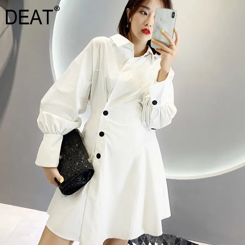

DEAT 2019 new turn-down collar single breasted lantern sleeves buttons high waist white dress female shirt styles WF04300L