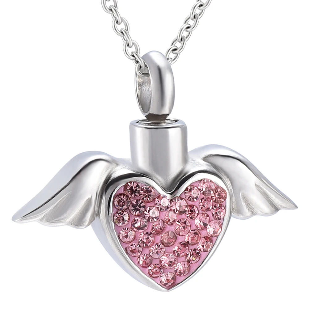 

Angel Wings Heart Memorial Urn Necklace, Pink Clear Crystal Cremation Jewelry Keepsake Urn Pets Funeral Pendant For Women