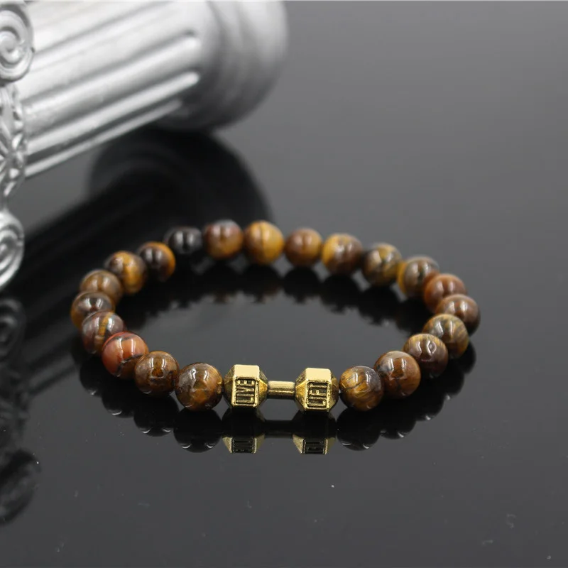 

Unisex Natural Tiger Eye Stone Bead Barbell Bracelet Men Women Fitness Prayer Fit Life Dumbbell Charm Elastic Bracelet Jewelry