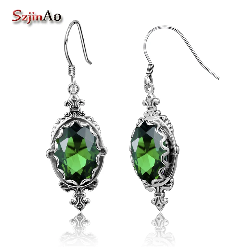 

Szjinao 925 Sterling Silver Earrings For Women Green Emerald Earrings Gemstone Oval Antique Wedding Engagement Fashion Jewelry