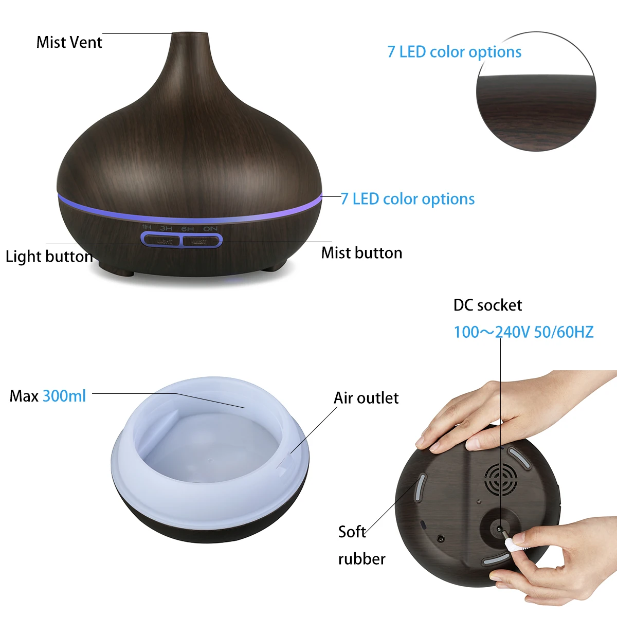 Billig 300 ml Luftbefeuchter Holz Ultraschall Reinigen Luft Wasser Öl Diffusor für Home Office LED Licht Änderungen In Mehrere farben