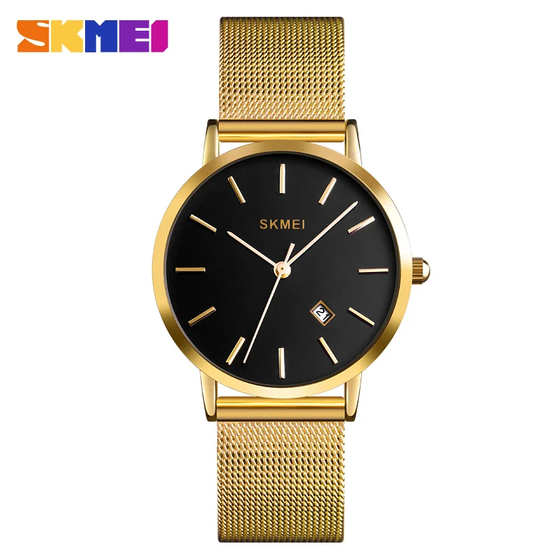 SKMEI Fashion Women Watch Casual Quartz Wristwatches Simple Style 3bar Waterproof Stainless Steel Watchband reloj mujer 1530 - Color: Gold