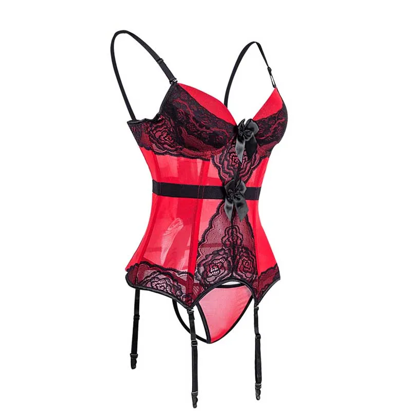 White Red Adjustable Straps Sexy Lingerie Women Underwear Transparent Lace Bra Corset Padded Bustier With Suspenders Size S-2XL (1)