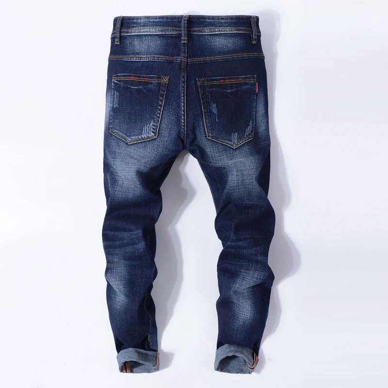 Для мужчин эластичный рваные джинсы с прорезями отверстие тощий тесьмой Slim Fit деним поцарапанные высокое качество джинсы для женщин Летняя мода