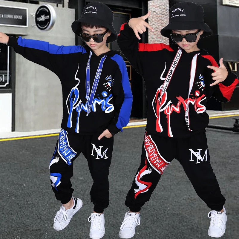 Hip Hop Children's Clothing Suit Spring Fall Boys Fashion Printing Spliced Clothes Kids Sweatshirt + Pants 2 Pcs Streetwear B140 |