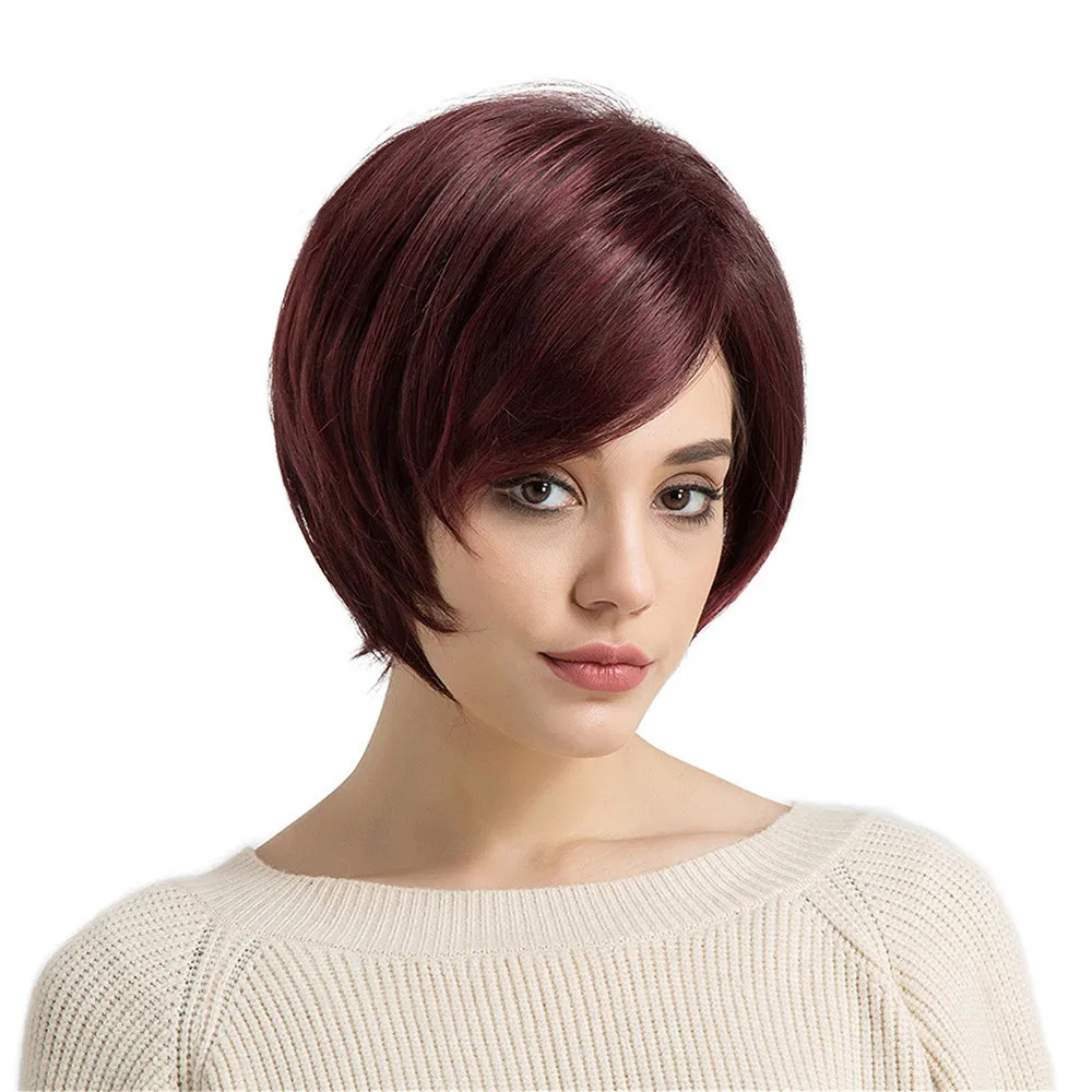Natural Real Red Oblique Bangs Short Straight Hair Women's