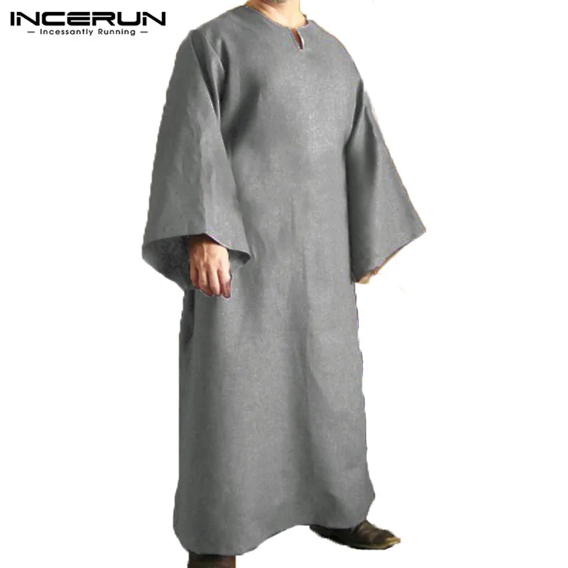 INCERUN, осень, мусульманская Мужская рубашка, кафтан, длинный рукав, v-образный вырез, солидные, свободные, халаты, Мужская одежда, кафтан,, большие размеры, топы, футболки - Цвет: Gray