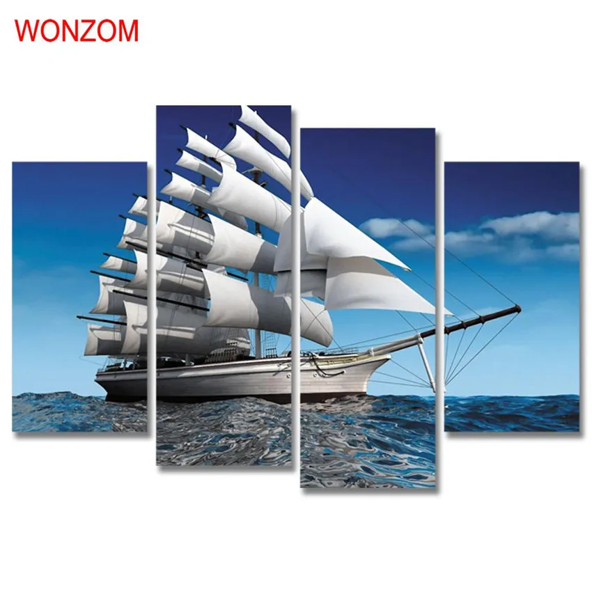 Sailing Ship Canvas Painting Modern 4Pcs Ocean Painting On Canvas