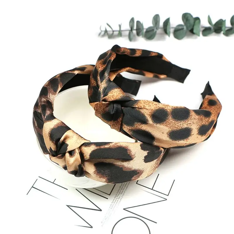 

Women Girls Boho Vintage Large Leopard Pattern Printing Headband Tie Knotted Middle Wide Hair Hoop All-Match Retro Casual Headwe