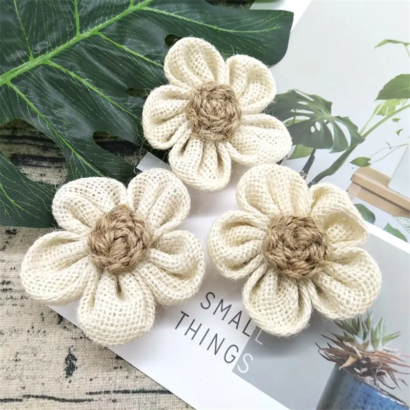 5Pcs Handmade Burlap Flowers Vintage hessian Jute Wedding Christmas Decoration Party Supplies Natural color Shabby Chic 62493