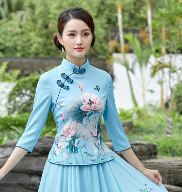 Sheng Coco 4XL Плюс Размер Женская Китайская традиционная одежда элегантные рубашки Древний китайский Чонсам кофточка Ципао Топы Синий
