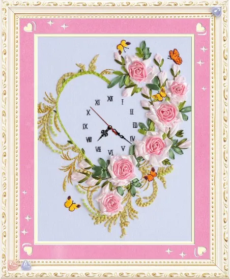 

Rose flowers Ribbon embroidery painting set clock watch handcraft cross-stitch DIY handmade needlework wall art decor