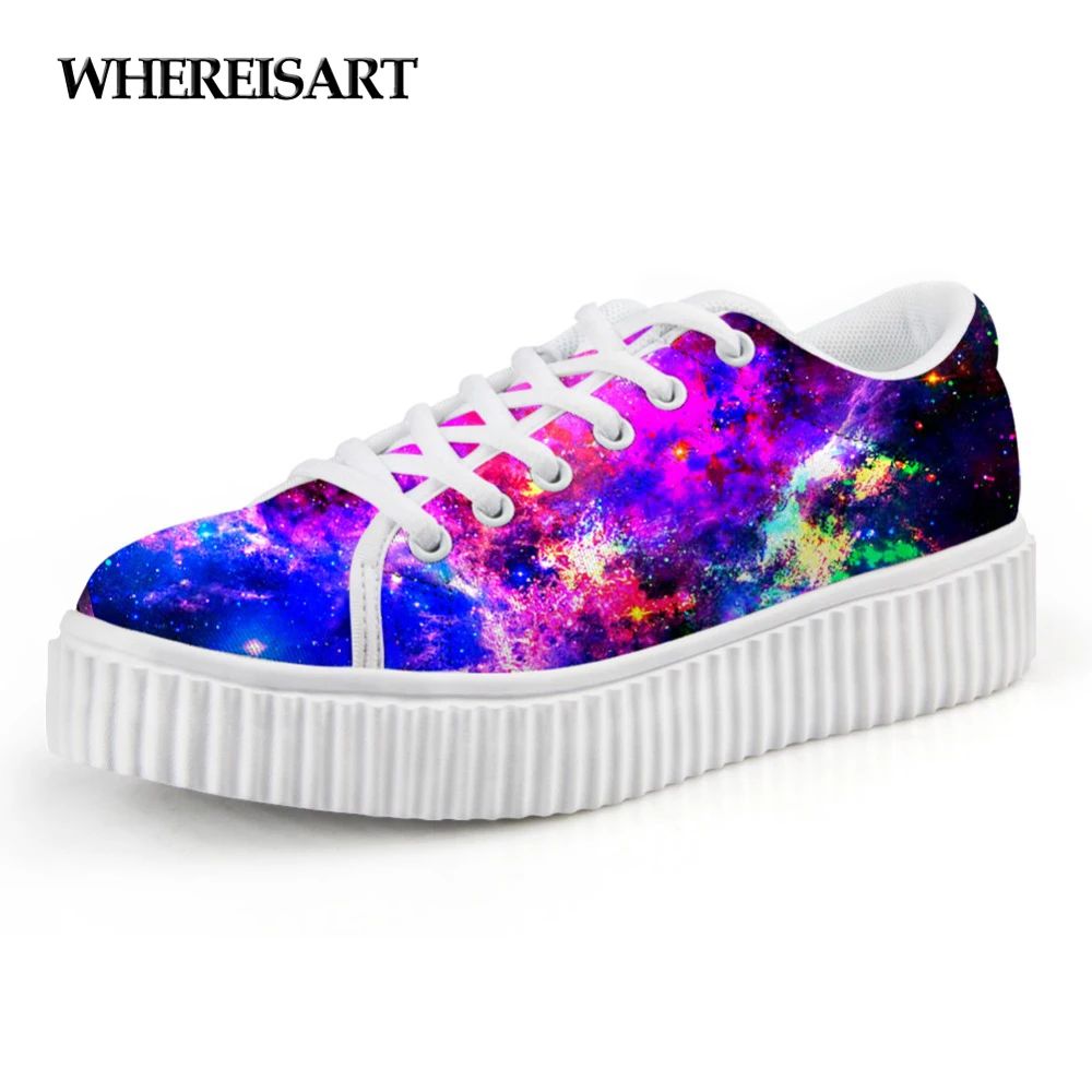

WHEREISART 2019 Autumn Women's Flats Platform Shoes Fashion Universe Space Stars Galaxy Printing Shoes for Women Creeper Shoes