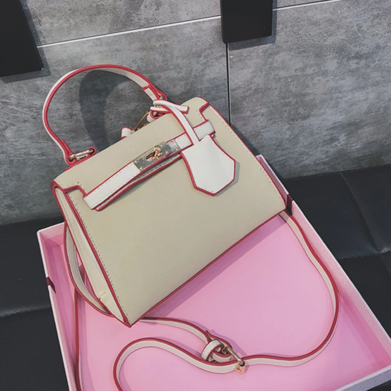 

2018new Handbag Color Matching Lychee Kelly Bag PU Leather Handbag High Quality PU Leather Shoulder Diagonal Bag .can Print Logo