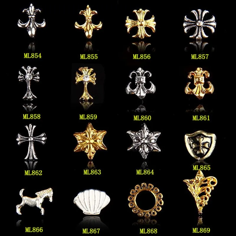 

100PCS 3D Gold Metal Alloy Japanese Style Horse Shell Crossing Shape Nail Jewelry 16 Designs Nail Art Alloy Accessories 854-869