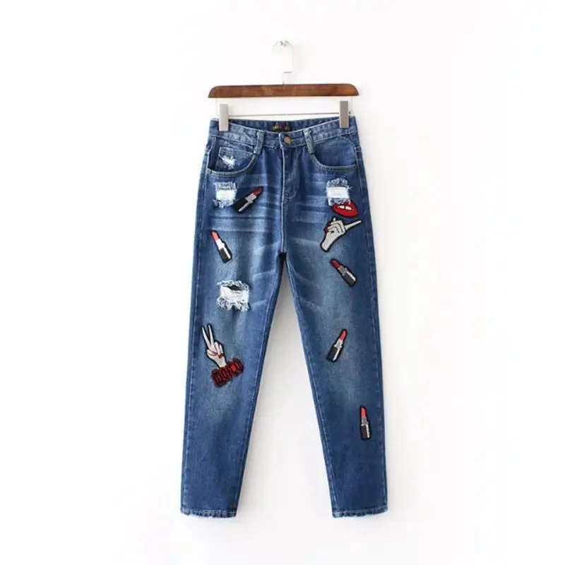 

2016 Spring New Women Jeans Pattern Fashion Straight Full Length Mid Waist Famale Washed Denim Pants Cotton Trousers