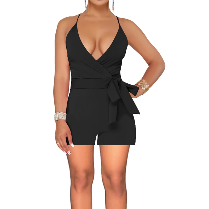 

Womens Jumpsuit Solid Rompers Bow Belt V-Neck Short Wide Leg Straps Sleeveless Summer Womens Jumpsuits