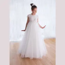 Новое поступление Святой платье для первого причастия для девочек, Кепки рукав Кружевные Платья с цветочным узором для девочек для свадьбы, Vestidos de Comunion