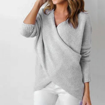 

DOIB Pullovers Sweaters 2018 Autumn Winter Fashion Knitted Female V-Neck Sweaters Solid Color long-sleeved