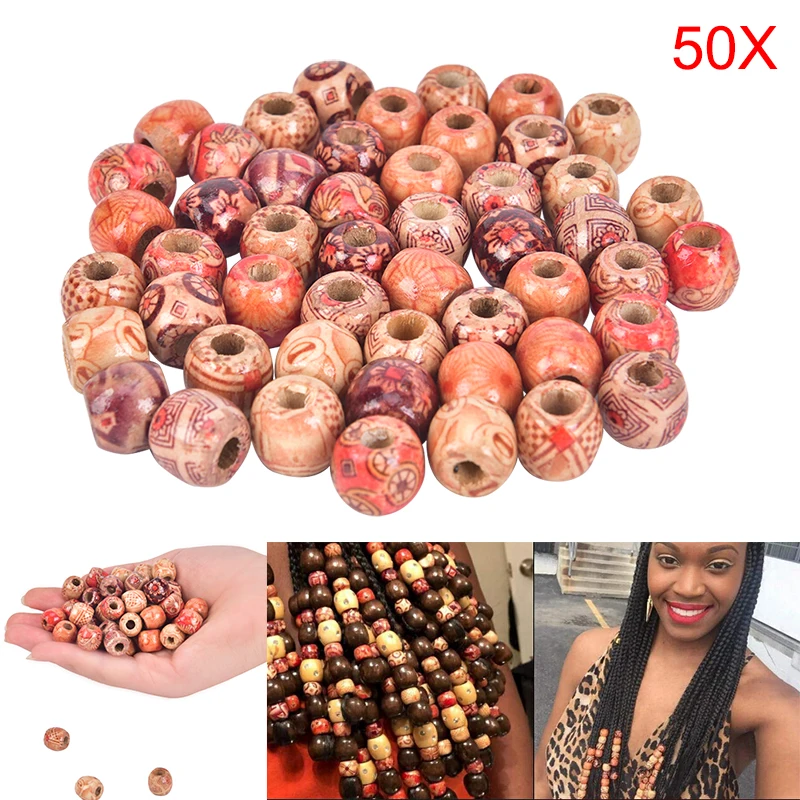 

10/50pcs Wood Beads Mix Shape Drum Pattern Big Hole Loose Spacer Beads Fit Charm Bracelet DIY For Dreadlocks Jewelry Making