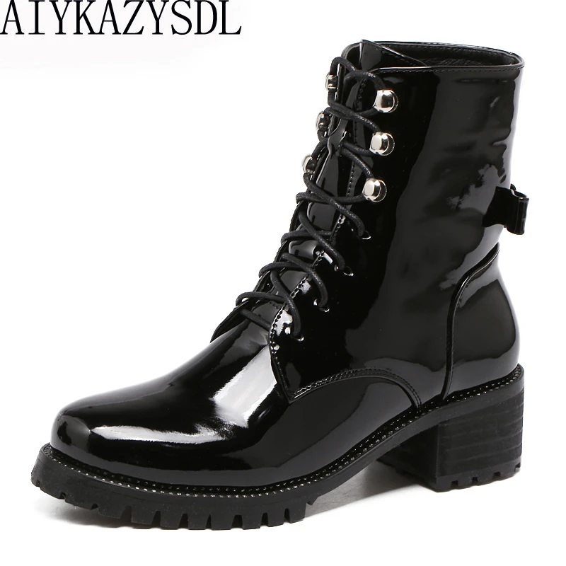 womens black patent biker boots