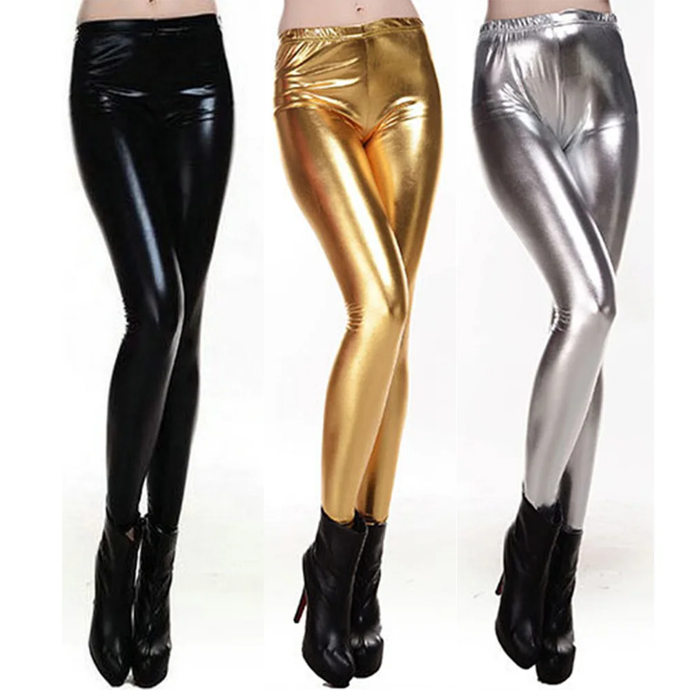 Leggings Ladies American Foil Shiny Stretchy Zip Wet Look Metallic ...