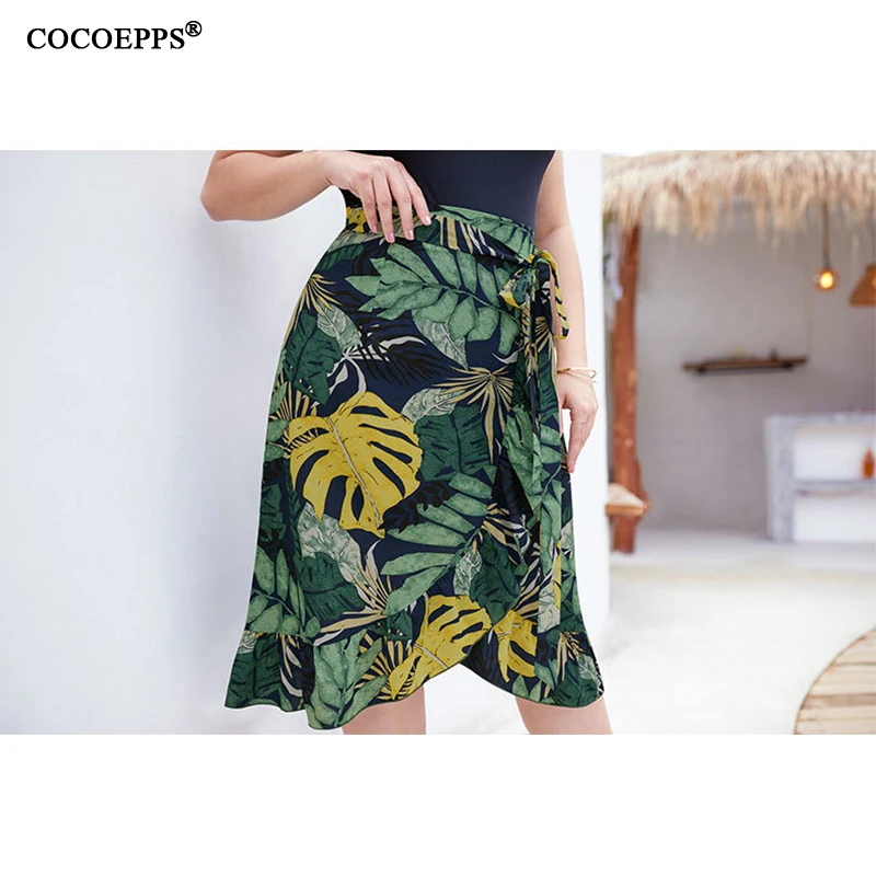 

Plus Size Floral Summer Skirt Big Size Lace up Ruffles Skirts Womens Large Size Beach Midi Skirt Casual Printed Boho Skirt